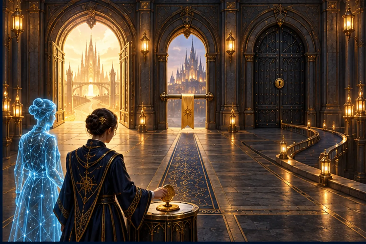 Three archways at a hall's end: one open in gold light, one barred low, one shut by an iron door, and a Wizard with a seal