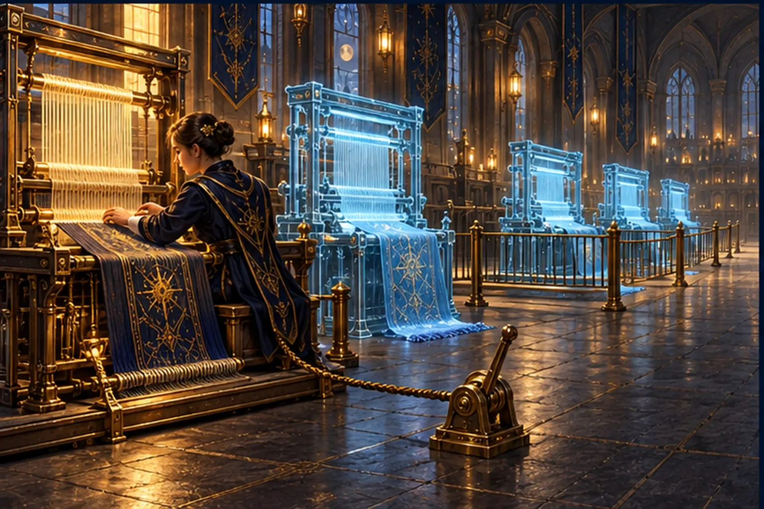 A Wizard at a gold-lit loom beside an identical ghostly cyan loom, with more cyan looms inside brass fences down the hall