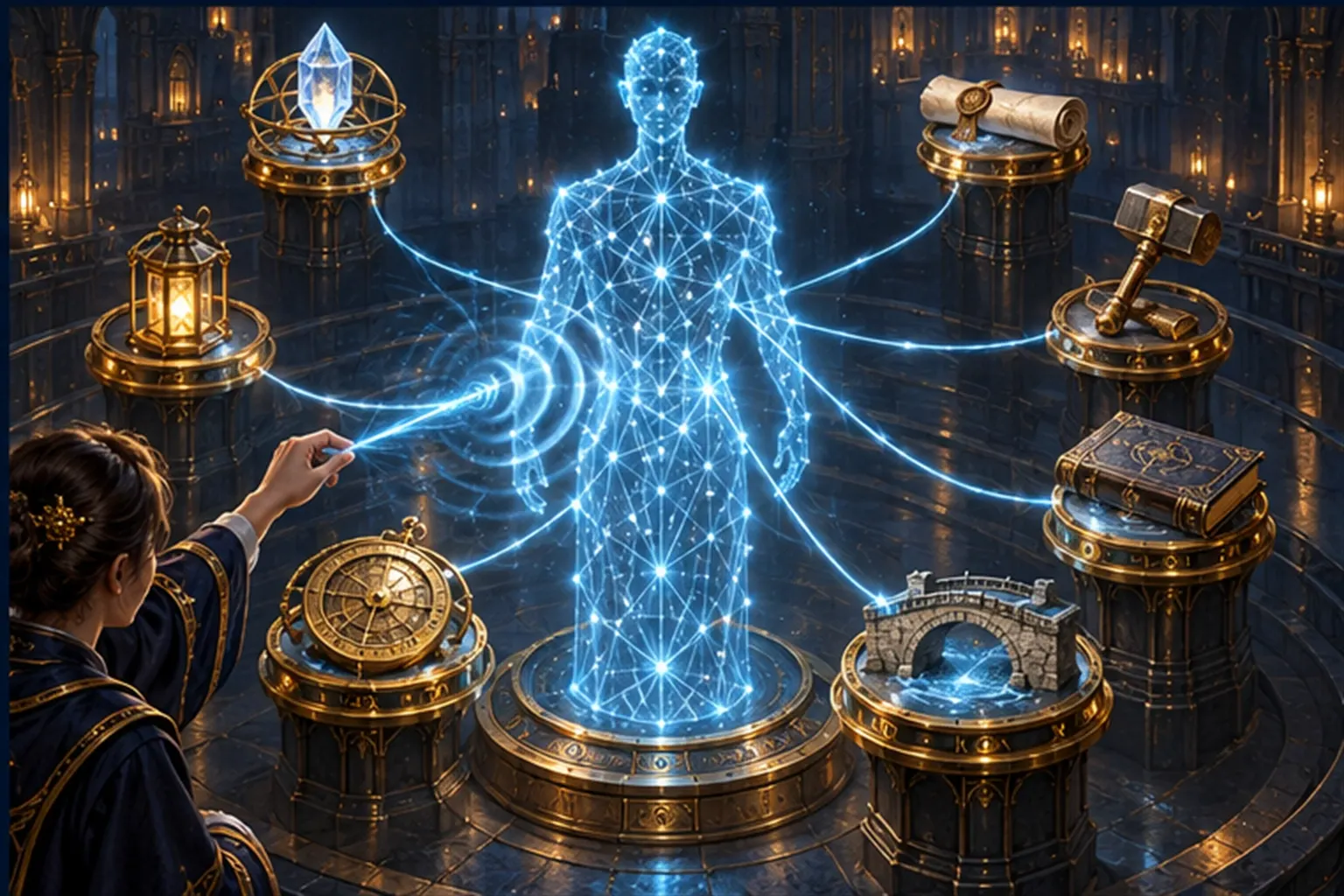 A translucent cyan lattice figure on a plinth, linked by light conduits to seven small brass vessels around it