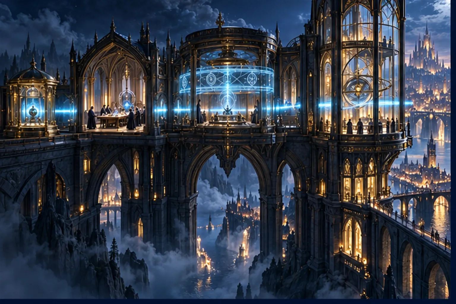 Four chambers in a row joined by a cyan conduit, growing from a tiny cabinet to a glass tower over a lit city