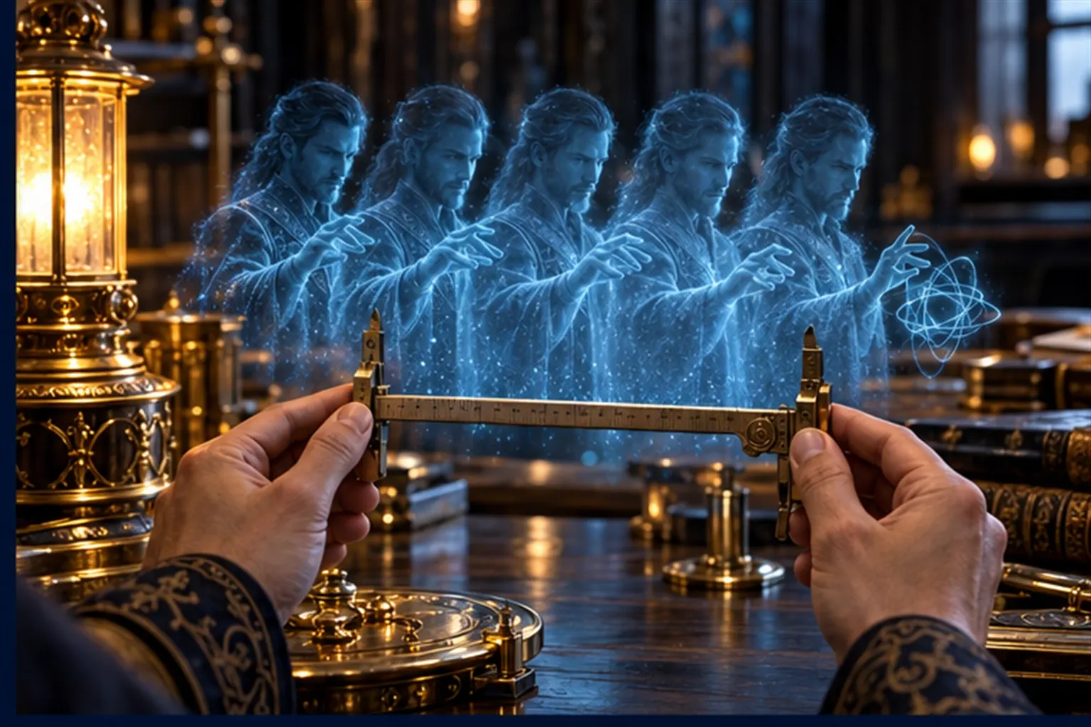 Five faint overlapping copies of a cyan figure while a Wizard's hands measure the blur with brass calipers