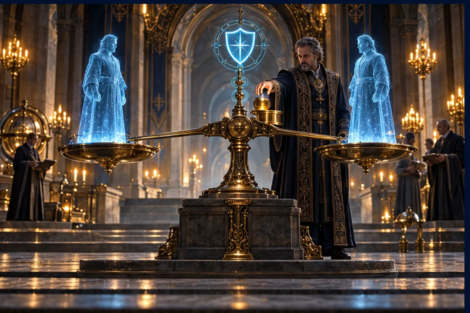A brass balance in a lamp-lit hall with two identical cyan figures on its pans and a Wizard at the pivot