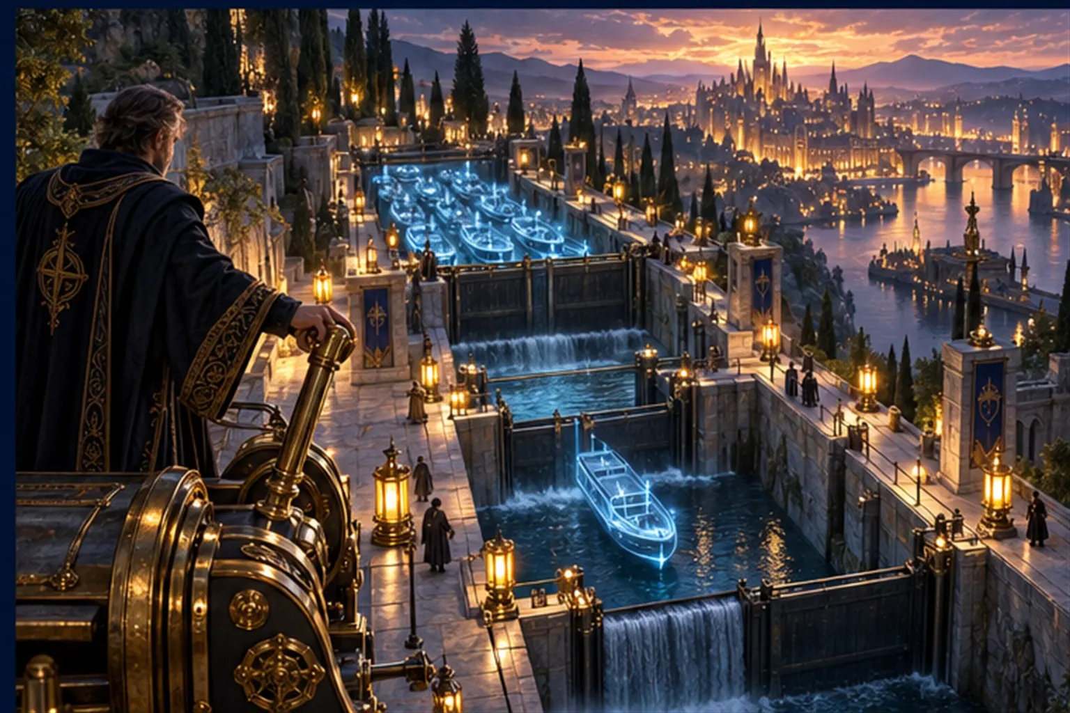 Aerial view of three stone canal locks, one small barge of cyan light ahead and a flotilla waiting, a Wizard at a lever