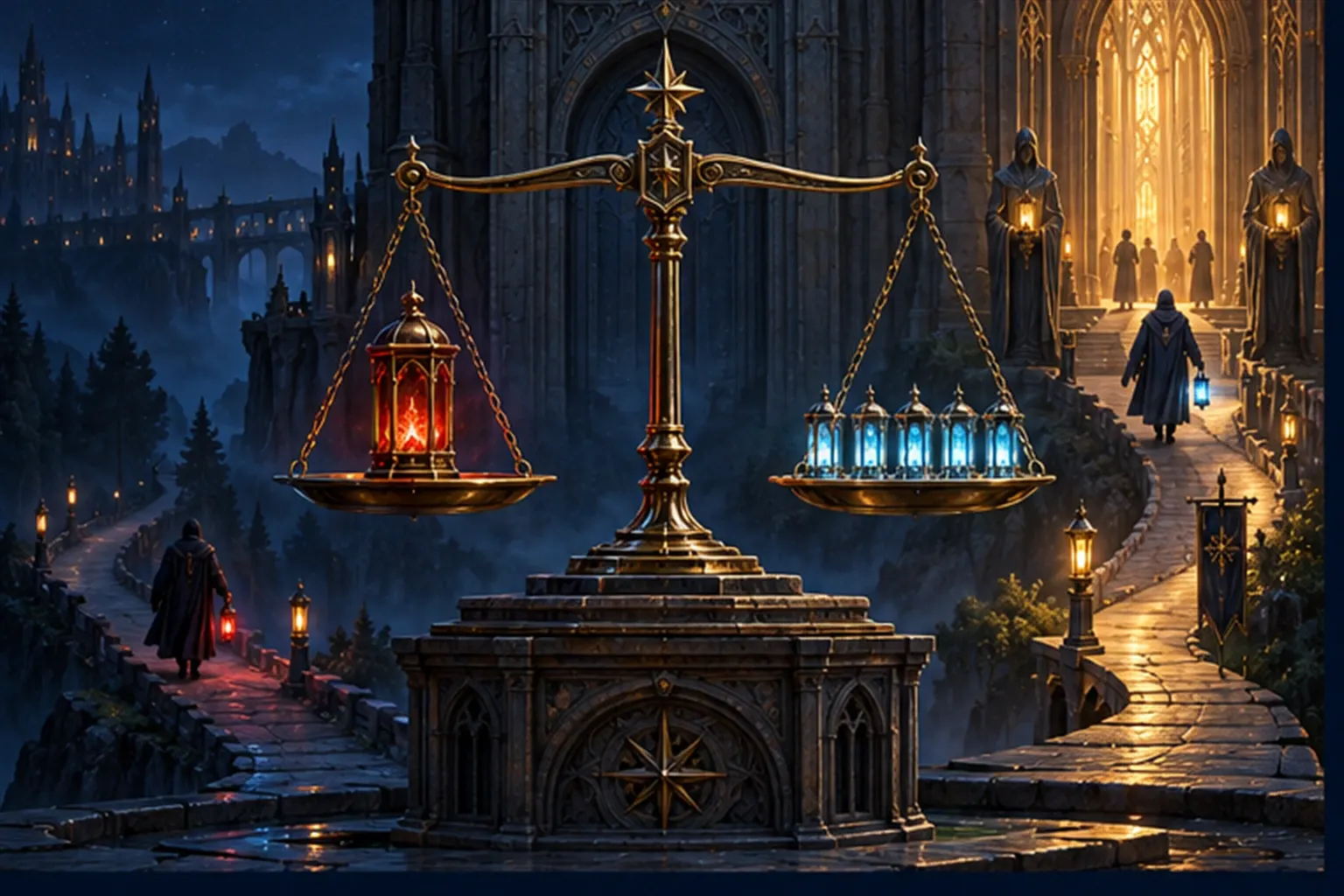 A brass balance with one heavy red-cored lantern against five small cyan lanterns, and a fork in the path behind it