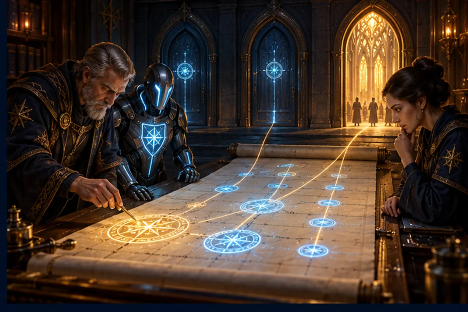 Two Wizards and a cyan shield sigil bend over a long glowing scroll joined by gold threads to three doors