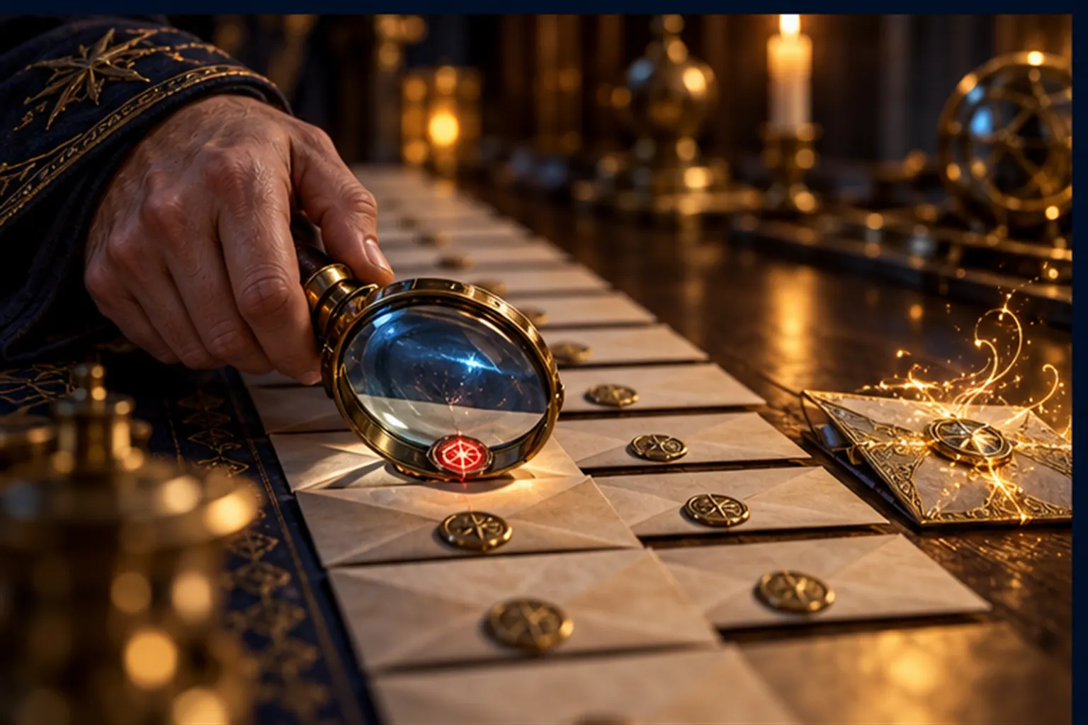 A Wizard's hand holds a brass lens over a row of sealed envelopes, one glowing red beneath its seal
