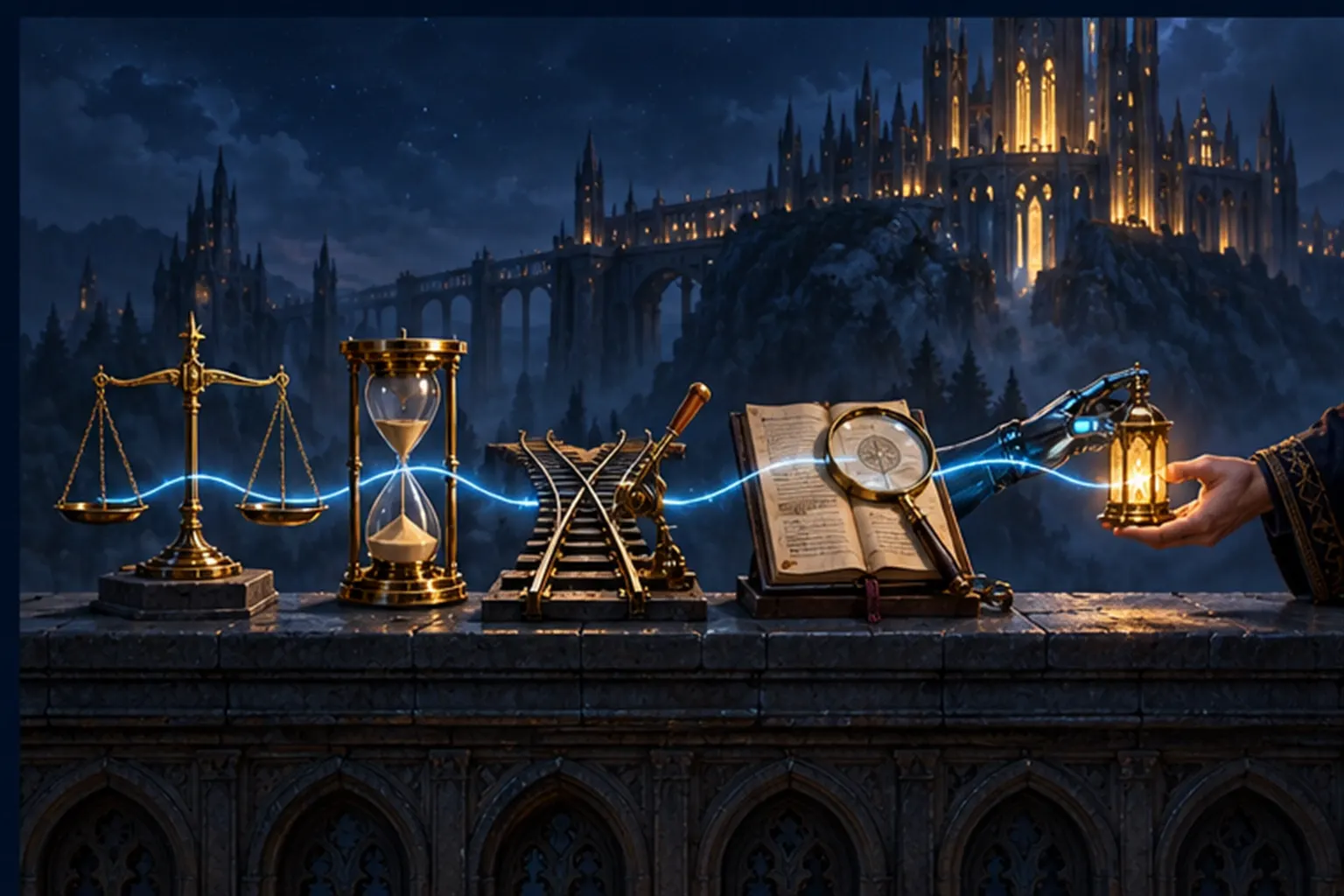 Five brass instruments in a row on a stone ledge: a scale, an hourglass, a rail switch, a dossier under a lens and a lantern