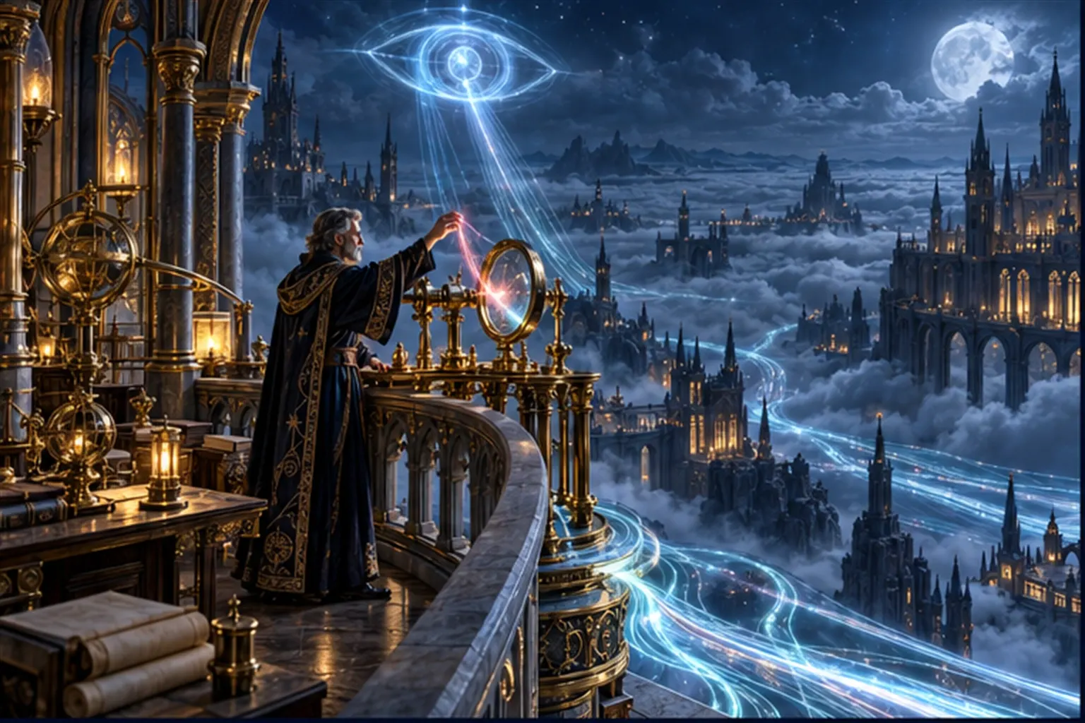 A Wizard on an observatory balcony lifts a thread of cyan light from a river of light beneath a glowing eye sigil