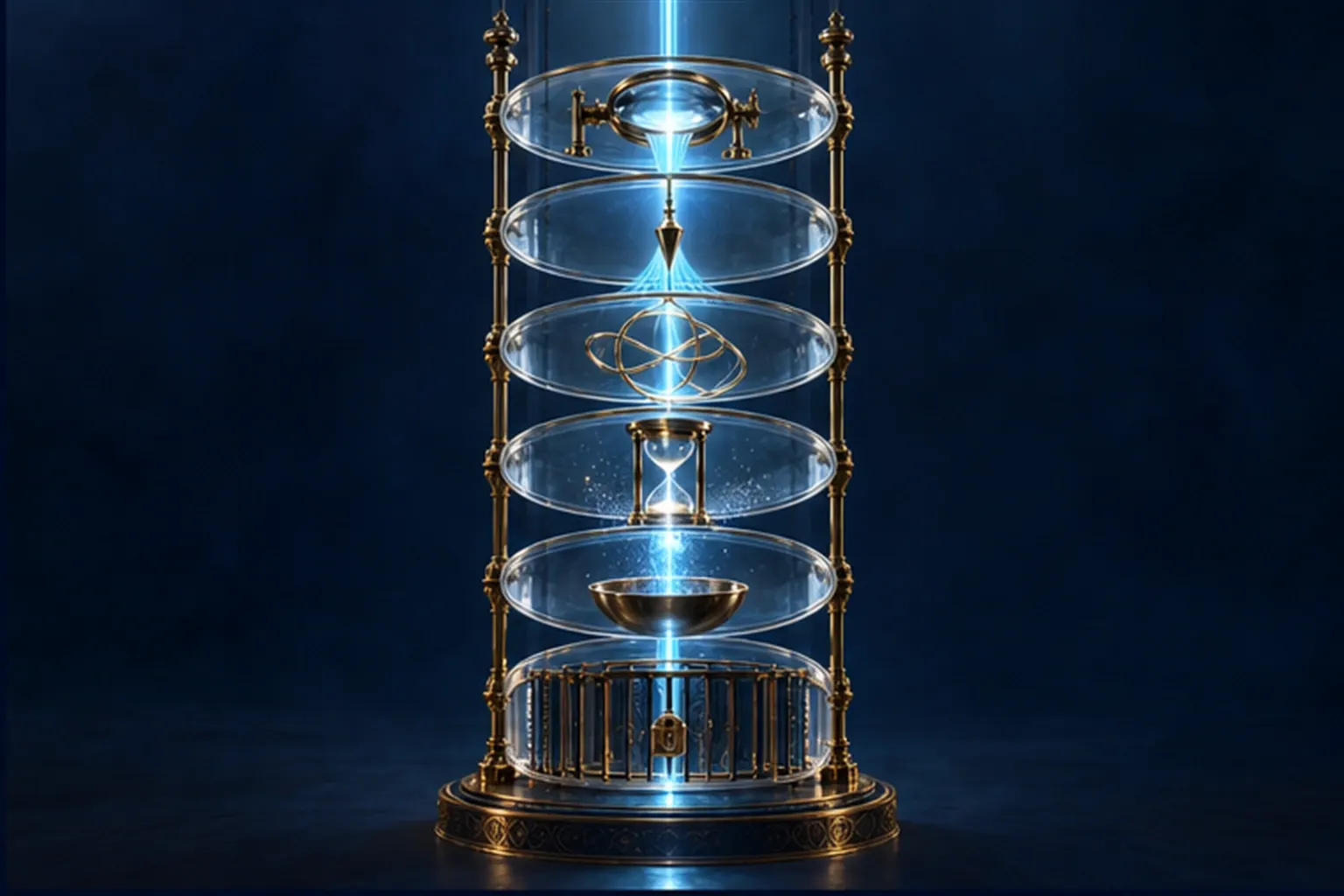 A tower of six stacked glass discs, each with a small brass instrument, with one cyan beam passing down through all of them