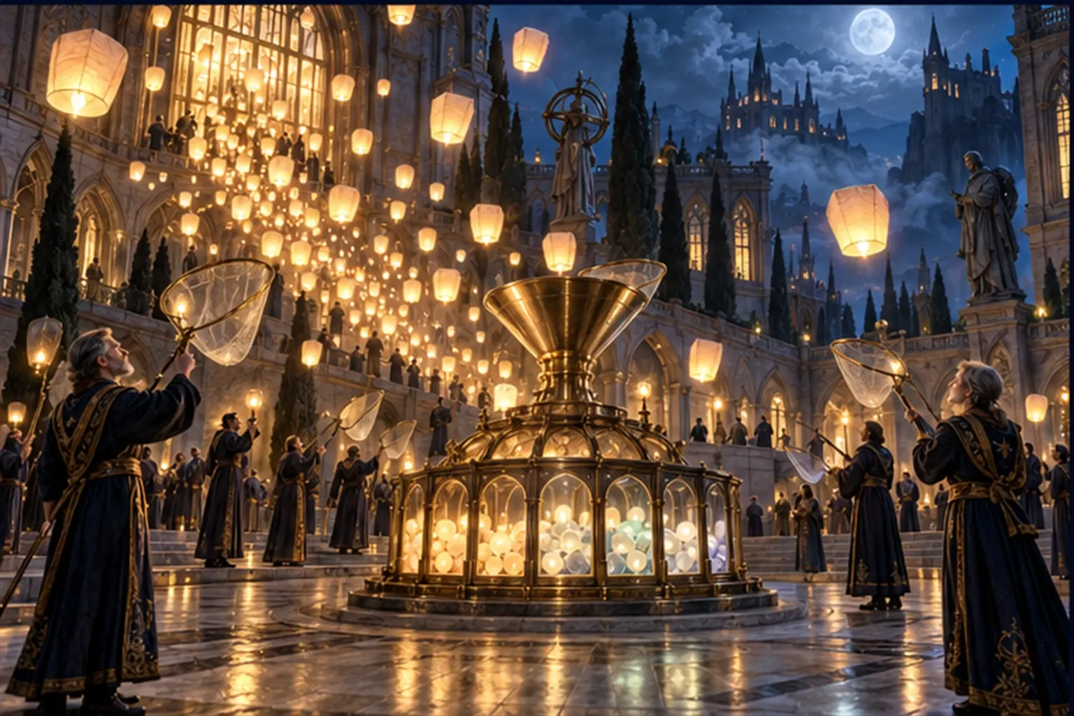 Glowing paper lanterns drift down from a courtyard window into nets and a funnel feeding a seven-part glass sorting vessel