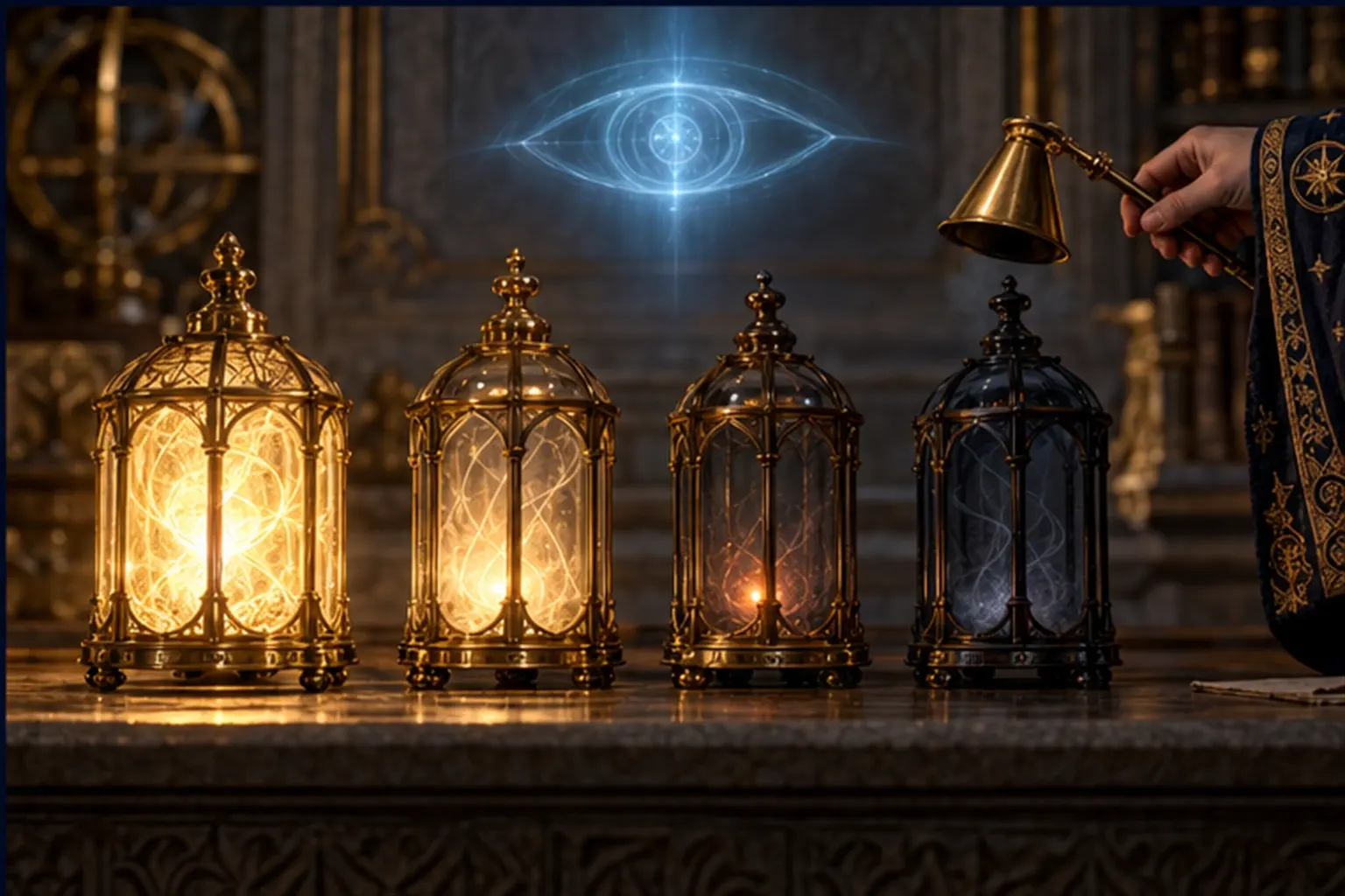 Four lanterns on a stone mantel fading from full gold glow to dark, with a Wizard's hand holding a snuffer