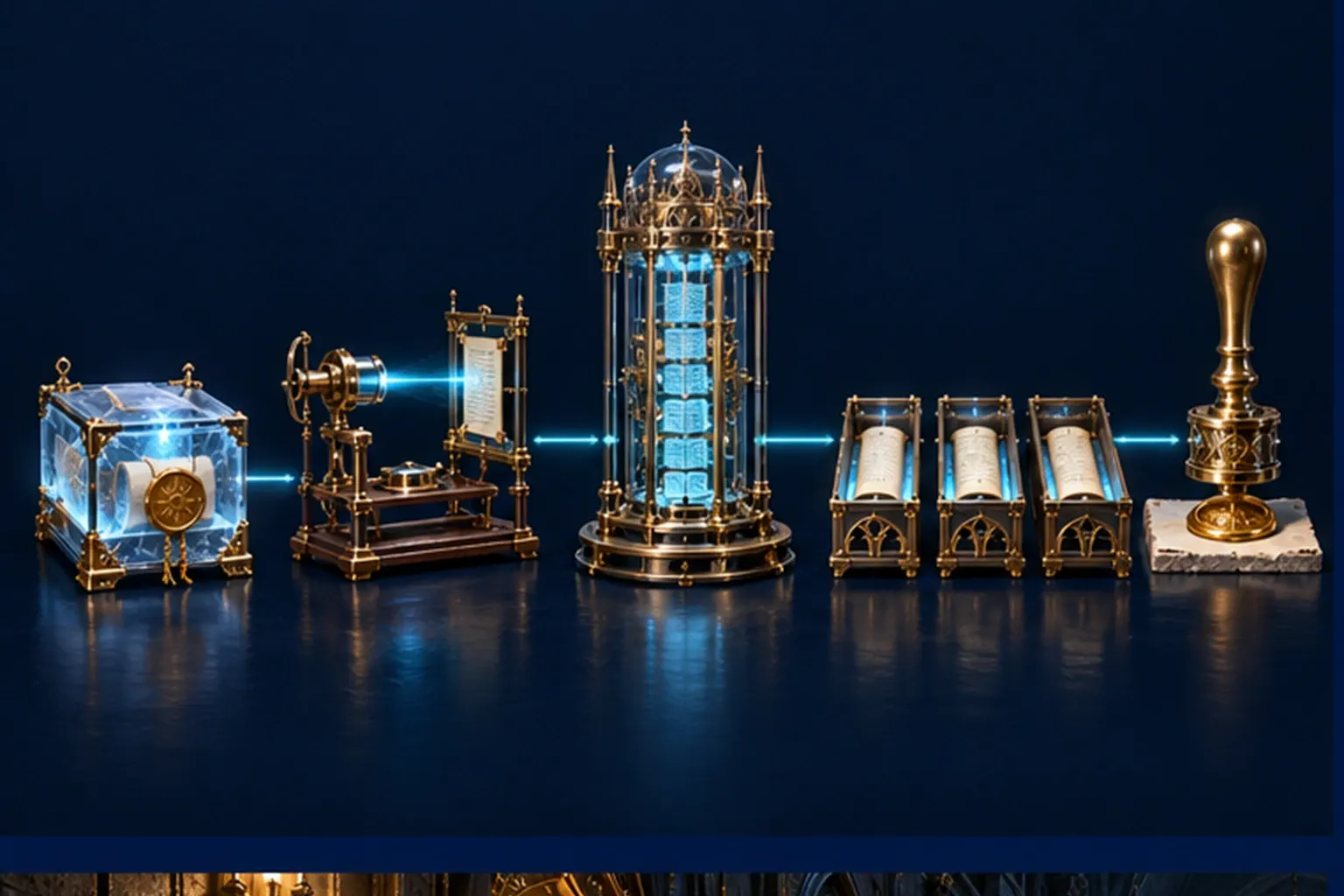 Five stations in sequence joined by a cyan path: a sealed casket, a lens bench, an archive engine, three trays and a wax seal