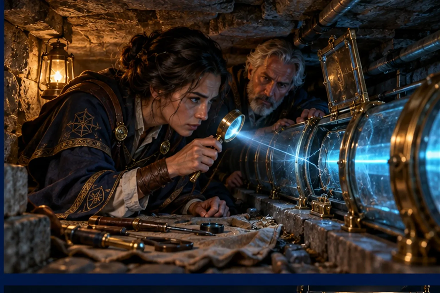 A Wizard crouches beside a brass conduit with an open hatch while a second Wizard holds a lens to a leaking crack