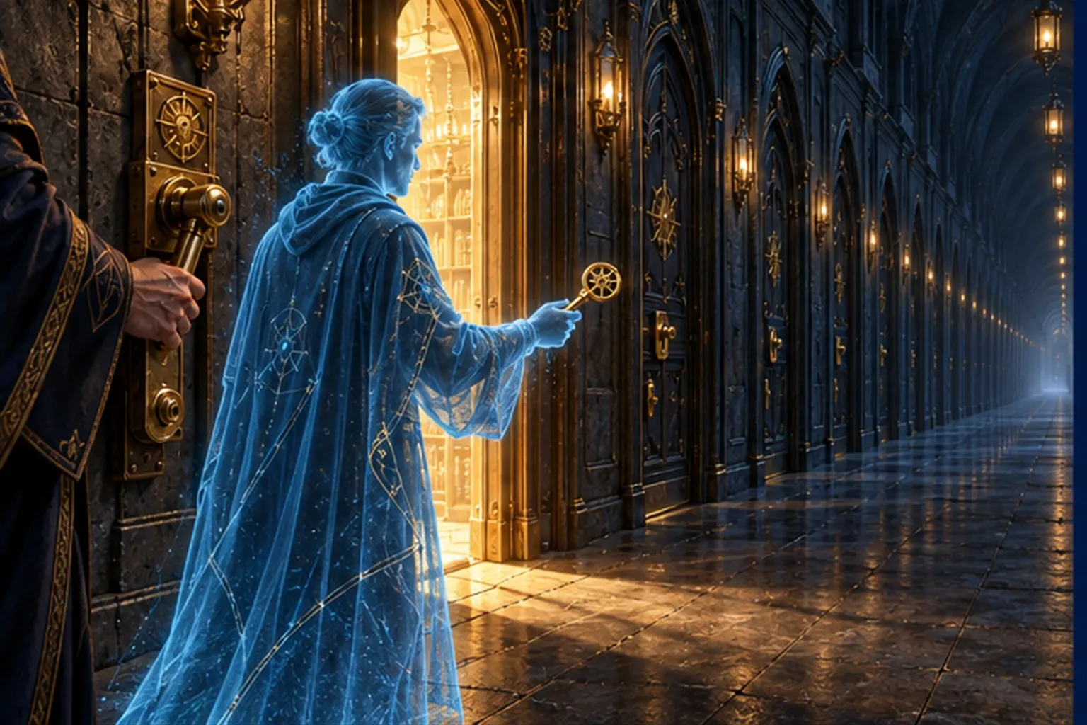 A cyan agent holding one brass key in a corridor of locked doors, one open ahead, a Wizard's hand on a wall lever