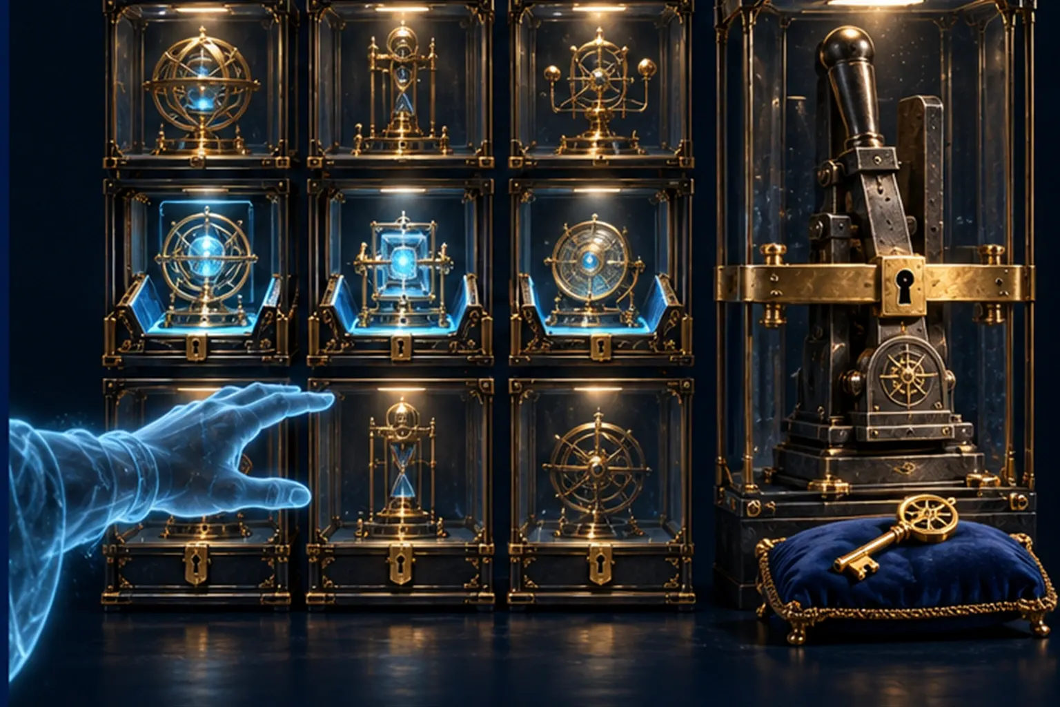 A wall of nine brass instruments in cases, three in open cradles, a lever press with a bar across it and a gold key beside it
