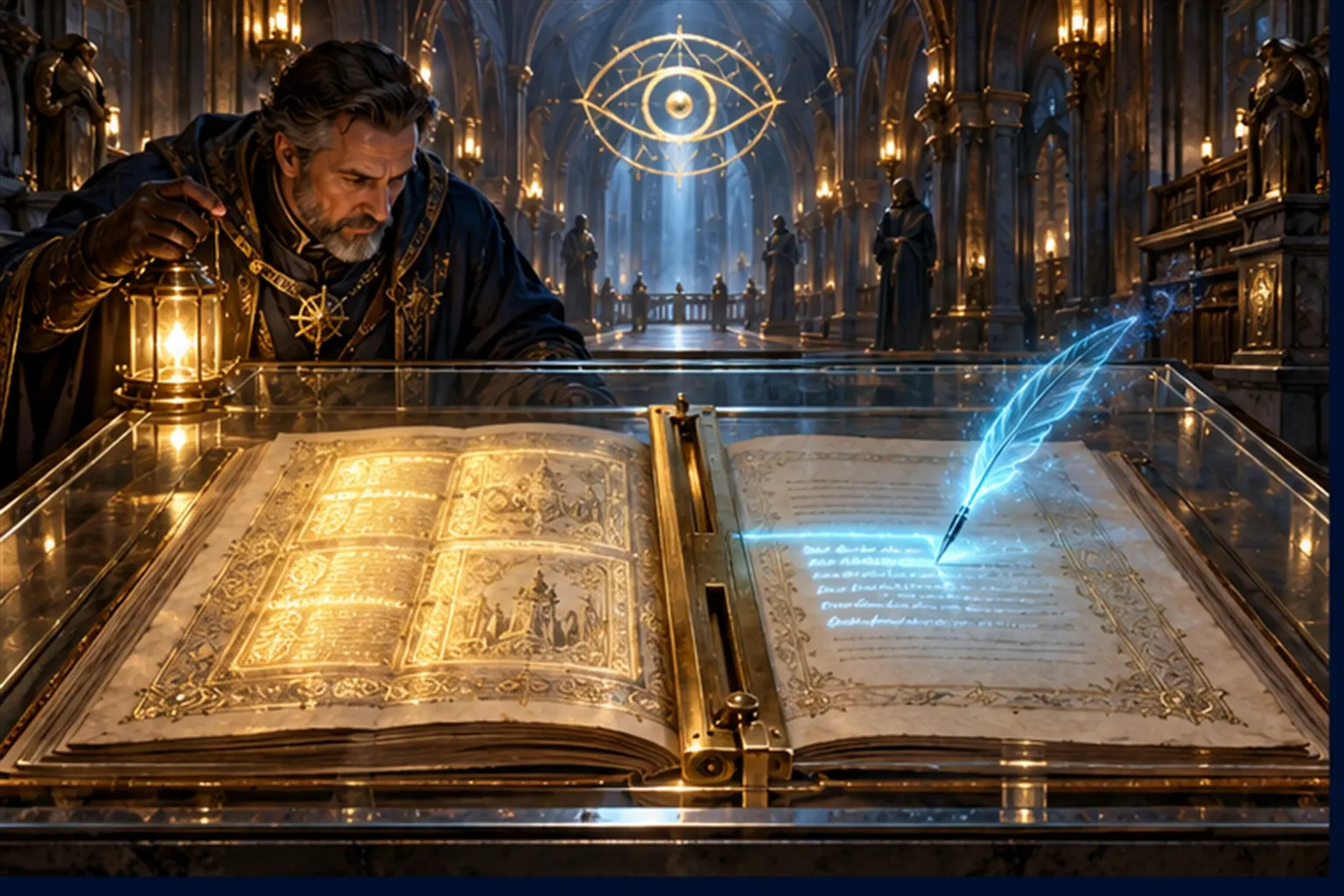A huge ledger under glass with a cyan quill writing through a brass slot, a Wizard reading over the cover