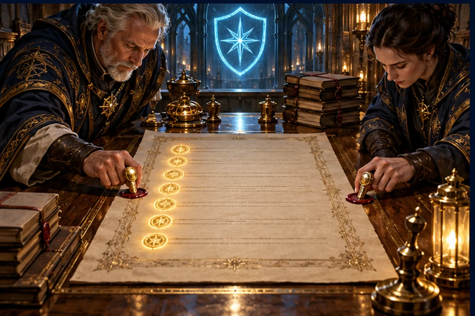 Two Wizards press gold signet seals onto opposite corners of one long sheet on a lit table, beside a stack of folders