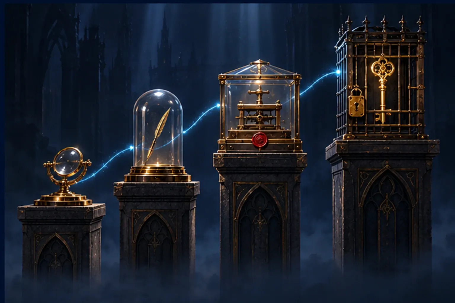 Four plinths rising in height, each with a brass object behind heavier protection, from an open lens to a locked treasury key