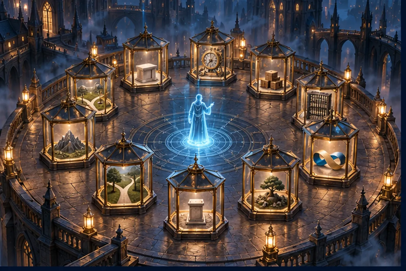Aerial view of a circular courtyard with ten small glass pavilions around a cyan agent figure on a glowing disc