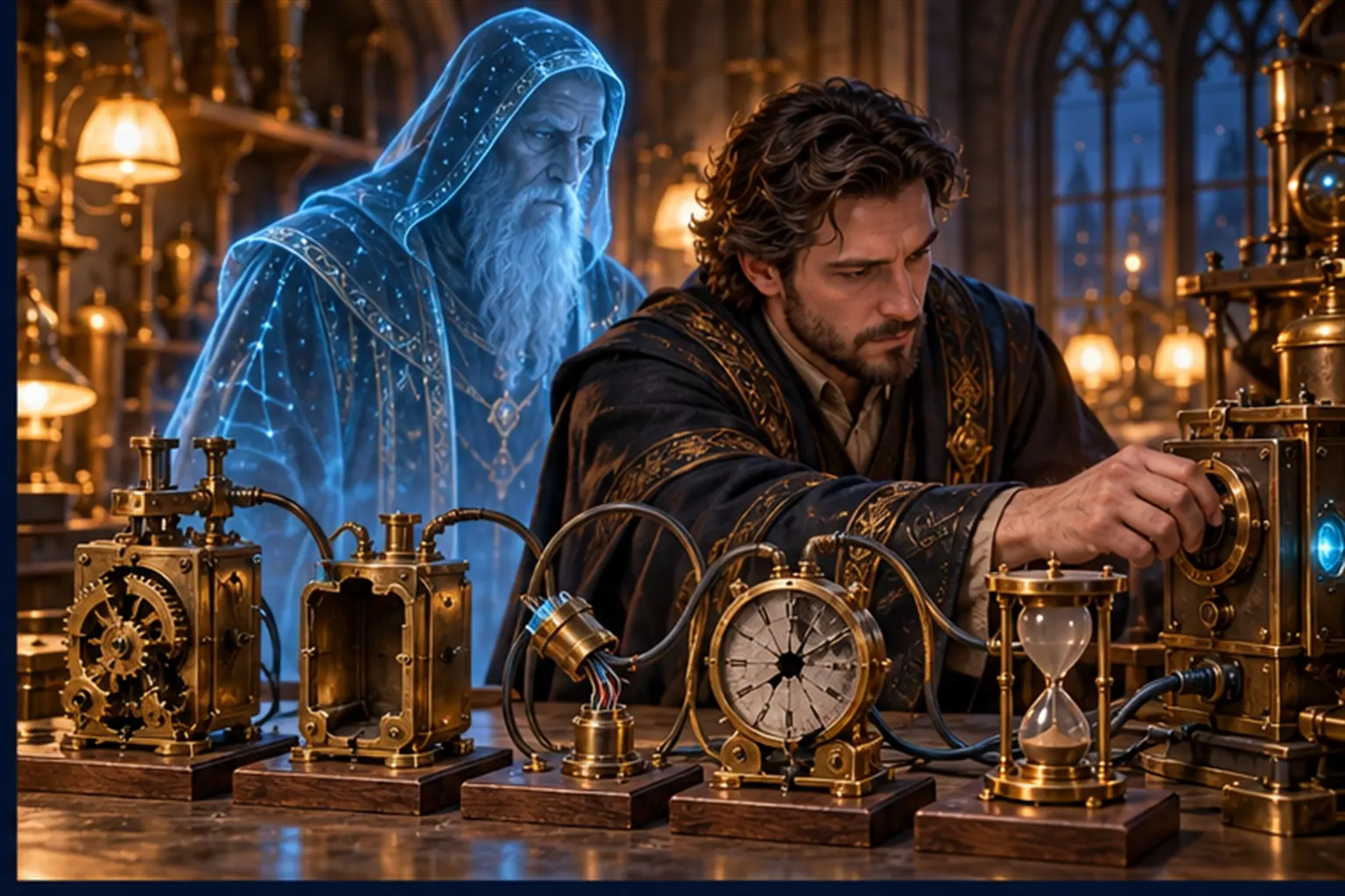 A bench of brass tool replicas, each deliberately flawed, with a Wizard at a control dial and a cyan hooded Merlin