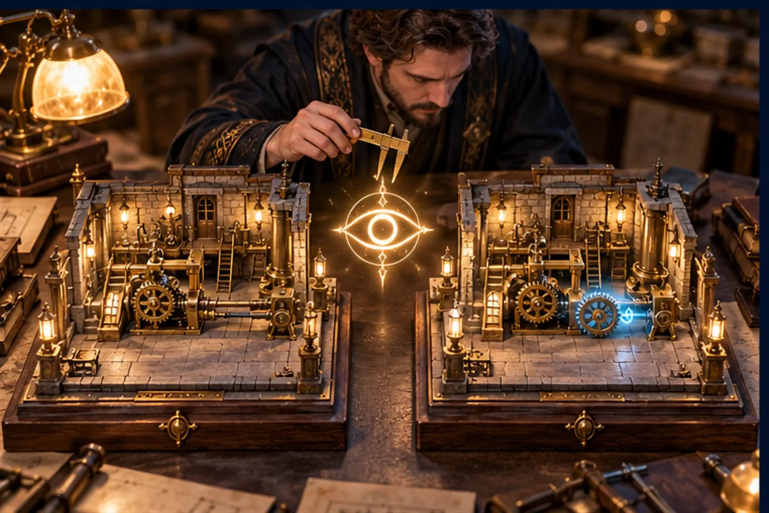 Two scale-model workshops on twin tables, a Wizard measuring between them, one model with a duplicate cog