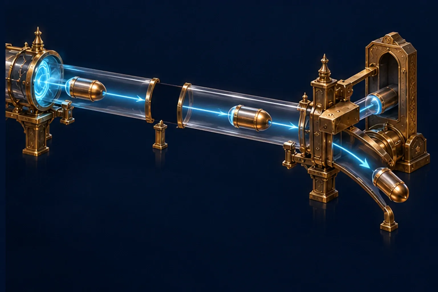 A cutaway of a brass dispatch tube in which a second capsule is turned away by a notched latch at the receiving slot
