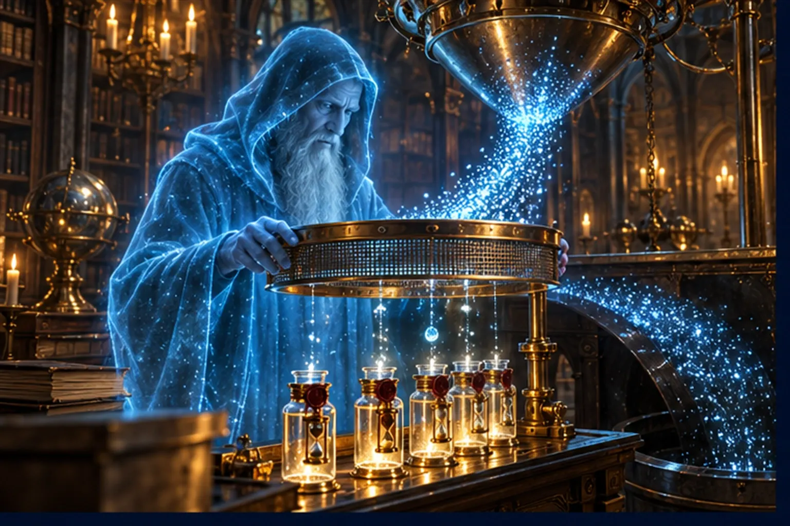 A cyan hooded Merlin at a brass sieve letting a few lights from a stream fall into stoppered vials with tiny hourglasses