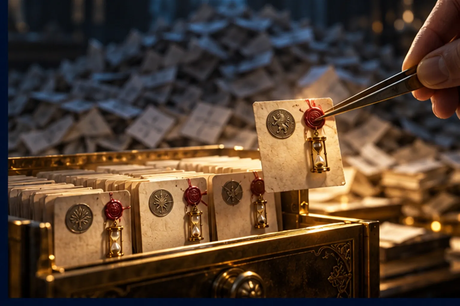 A drawer of neat index cards with tiny seals and hourglasses, one lifted by tweezers, a heap of loose notes behind