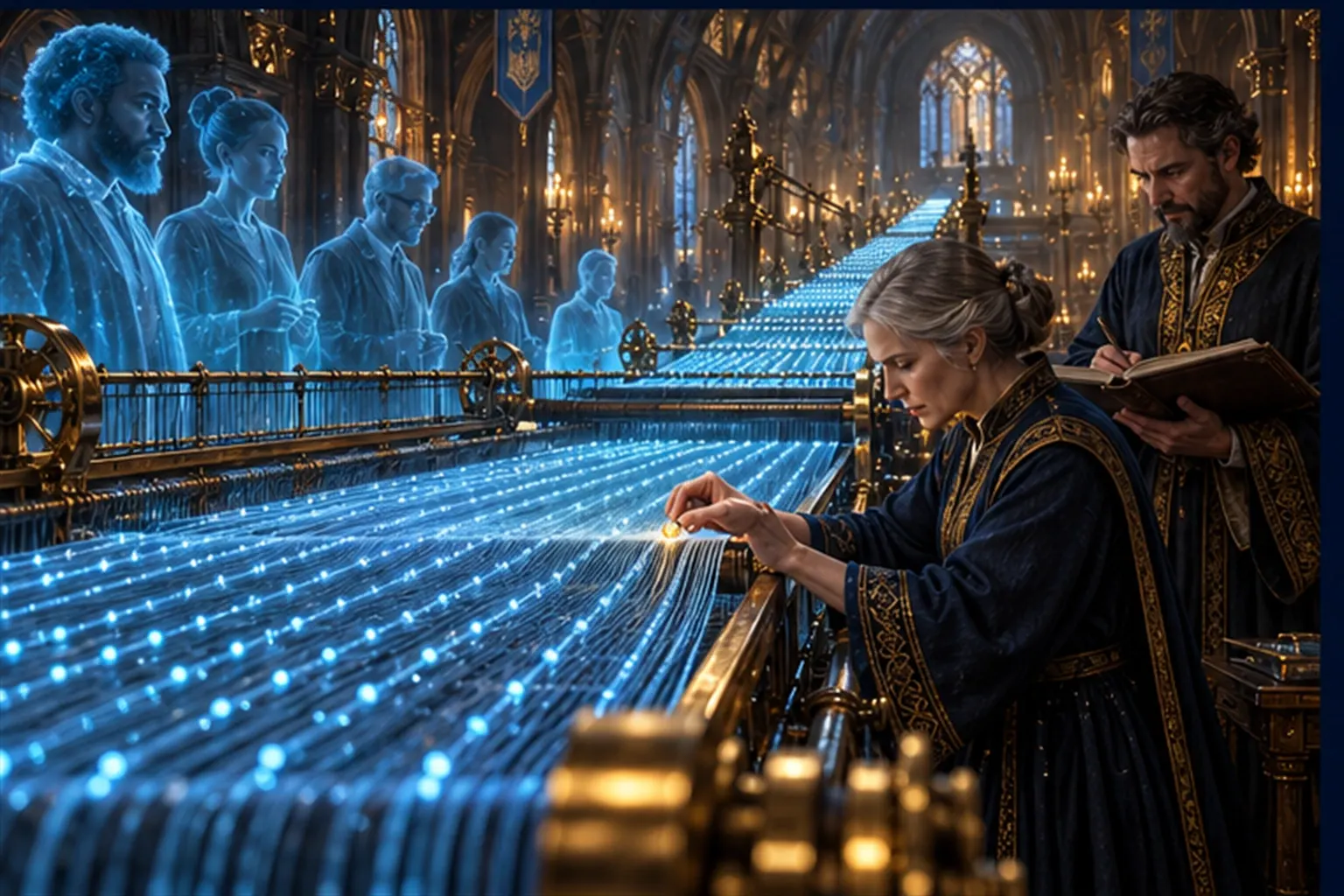 A great loom weaves a ribbon of cyan session threads while a Wizard ties one small bead into it and another notes its place