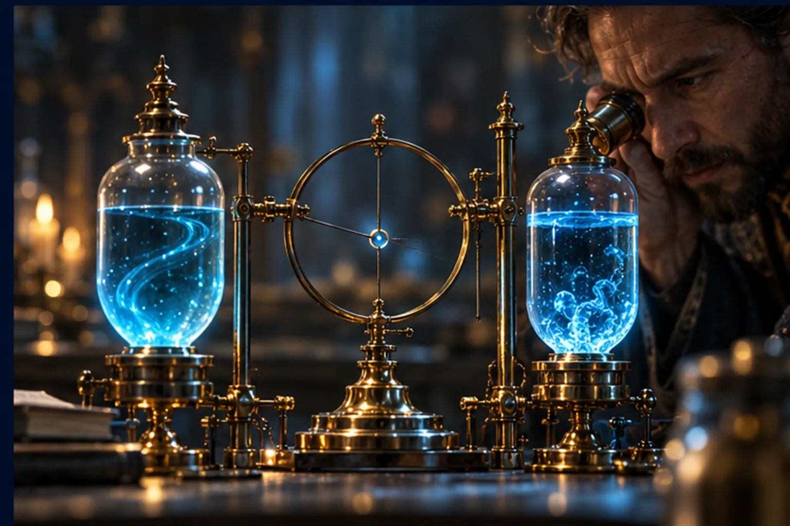 Two near-identical sealed glass vessels on brass stands with a detector ring between them and a Wizard watching with a lens
