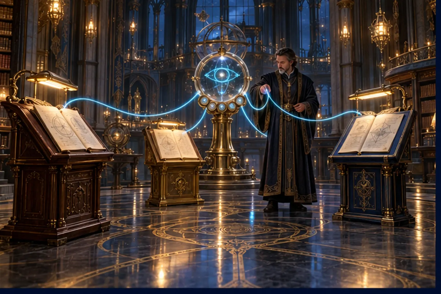 Three lit ledger lecterns send five cyan threads to a central brass instrument with five dials, a Wizard tracing one thread