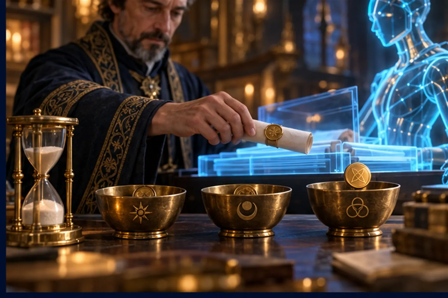 A Wizard drops a brass token into one of three bowls beside a cyan agent's out-tray and a small hourglass