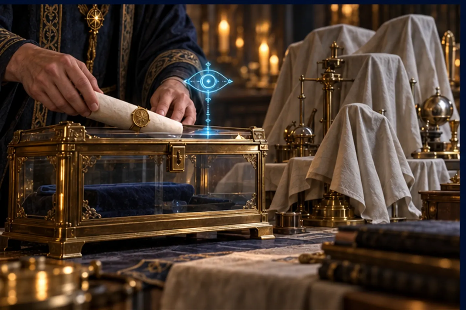 A Wizard's hands lower a gold-sealed scroll into a locked glass-fronted casket beside covered instruments
