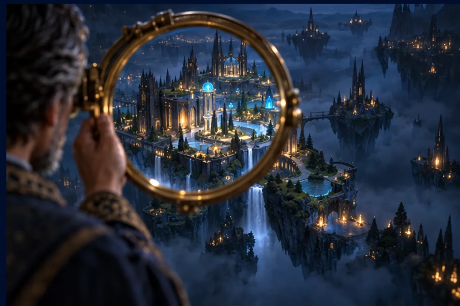 A Wizard holds a round brass lens over a floating workshop island, sharp inside the lens and fading into mist outside