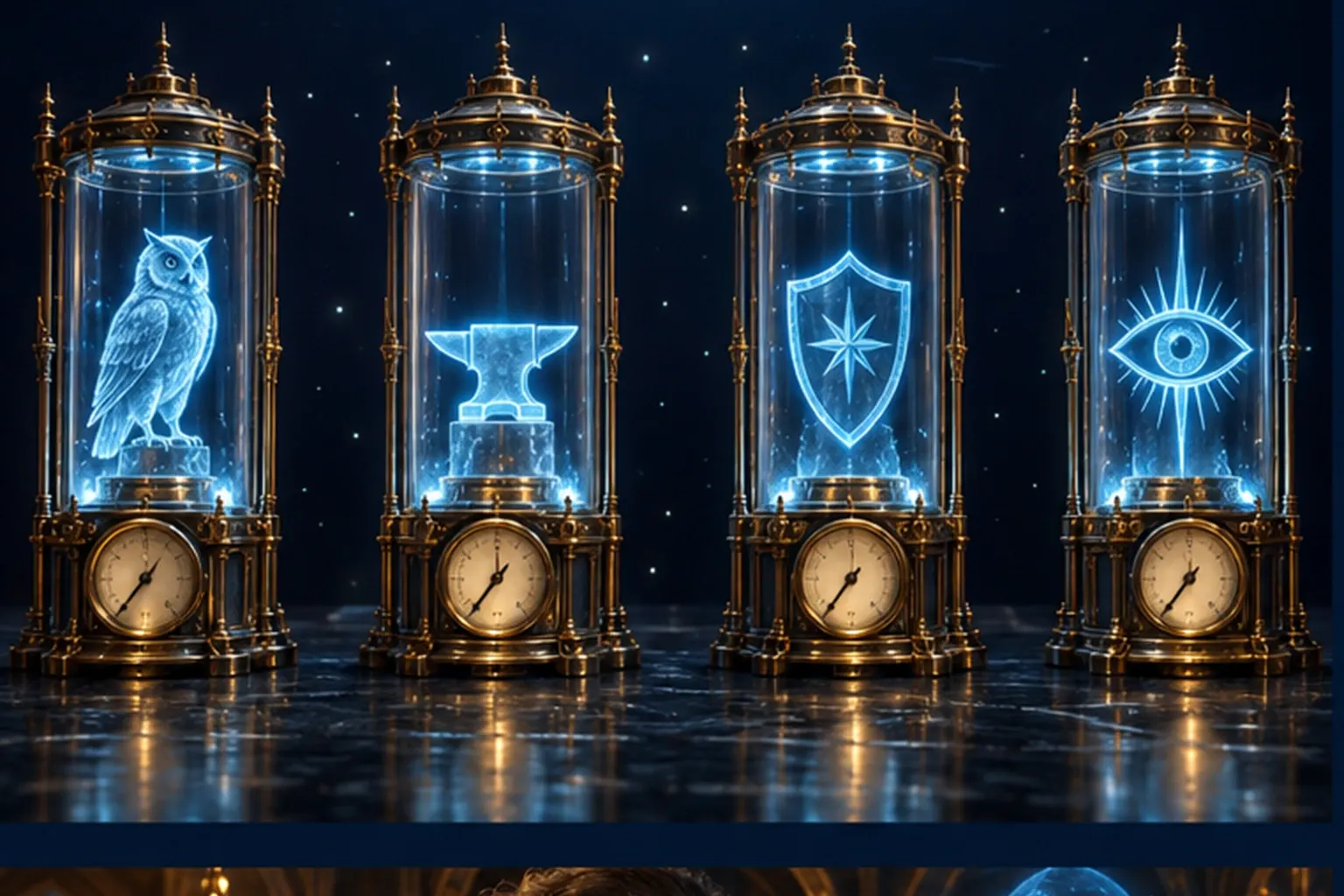 Four separate glass test cells each holding one agent sigil with its own gauge, with dark unmeasured gaps between them