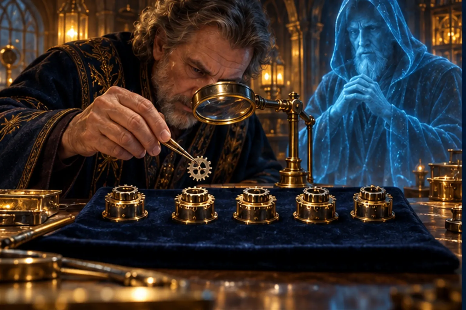 A Wizard uses tweezers under a magnifier to fit a mis-cut cog into one of five identical couplings, a cyan Merlin watching