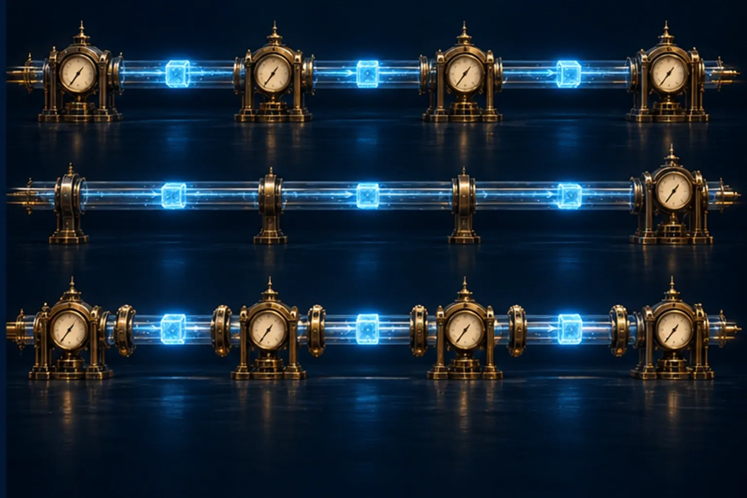 Three parallel relay conduits carrying one flawed parcel, with gauges placed differently on each