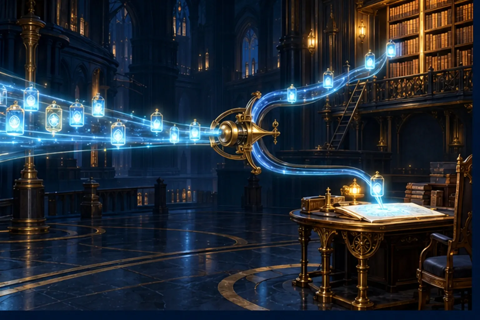 A channel of cyan light splits at a brass gate, one branch to an archive of shelves, the other to a live ledger table