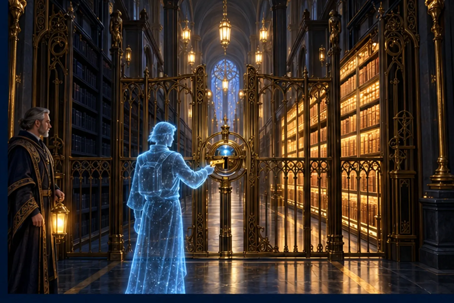 A cyan figure with a gold key at a gilded grille, lit shelves beyond and restricted bays dark behind a locked gate