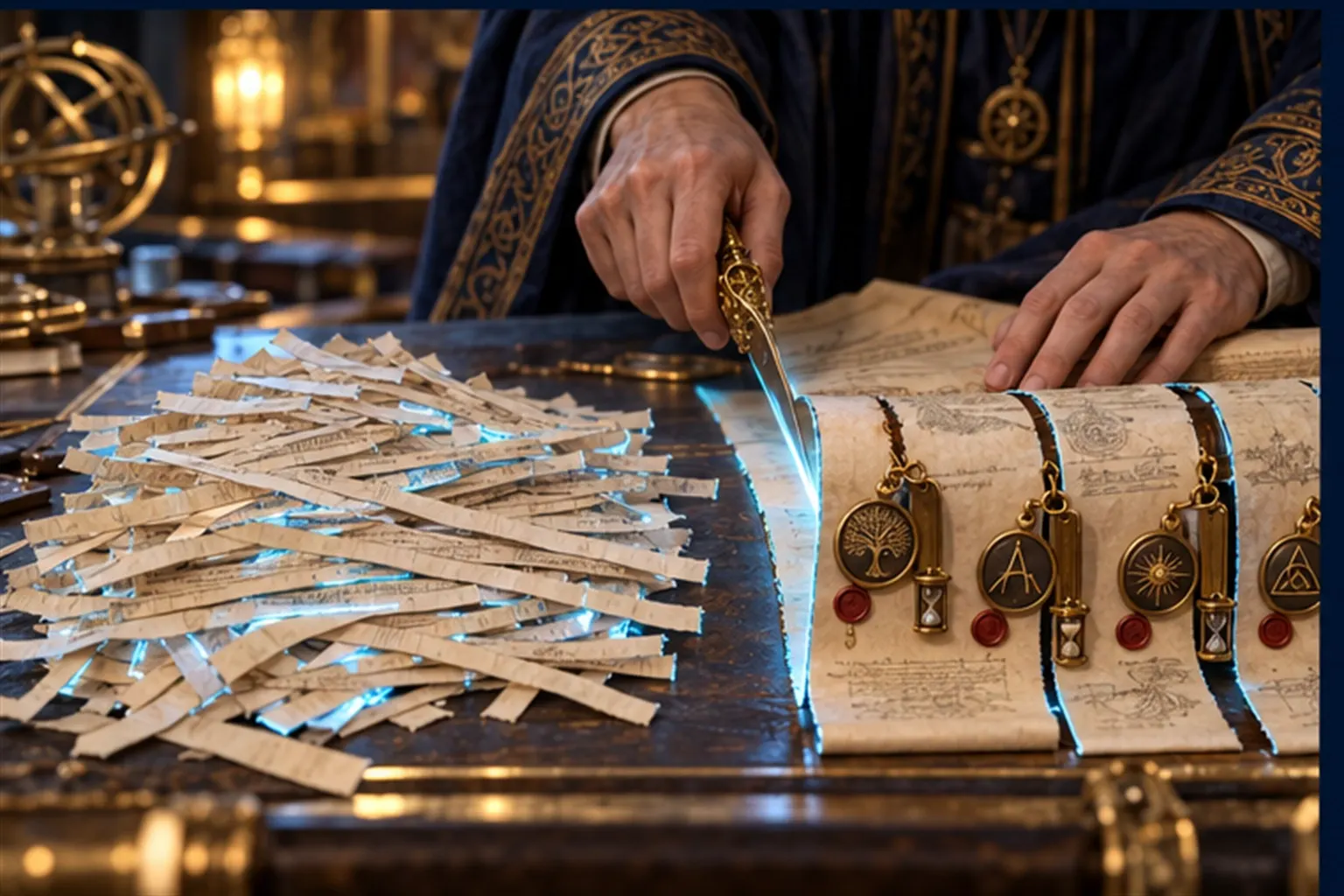 A scroll cut into uniform strips beside the same scroll cut along its sections by a Wizard, each piece wearing a small tag