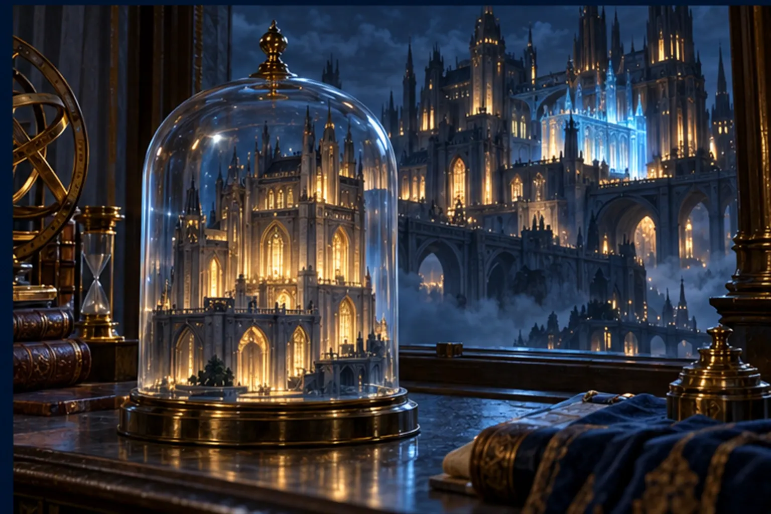 A glass bell jar holding a still miniature archive on a windowsill, while the real archive beyond the window keeps changing