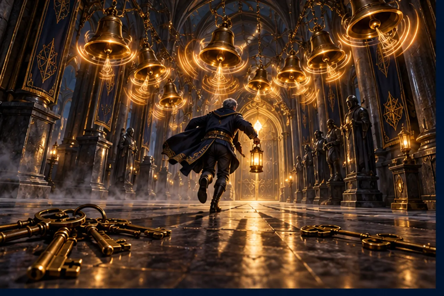 A Wizard runs with a lantern down a stone corridor beneath a dozen swinging, glowing alarm bells.