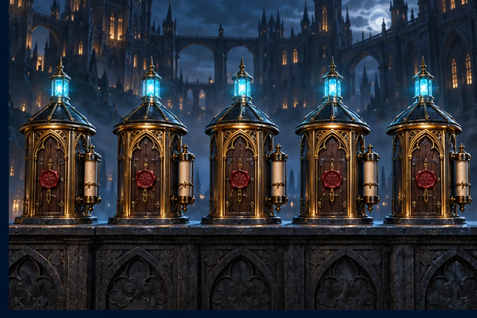 Five identical small brass towers in a row, each with a gold seal, a cyan lamp and a sealed scroll cylinder.