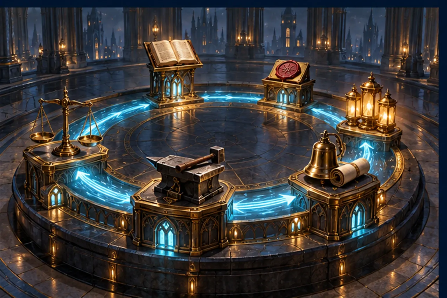 Six small brass stations around a circular cyan light loop: ledger, seal, lanterns, bell, anvil and scales.