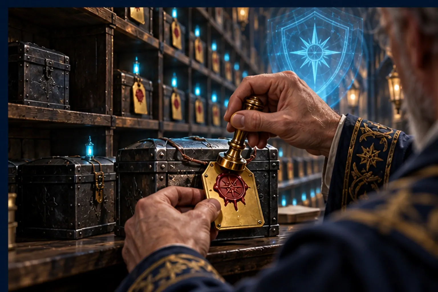 A Wizard's hands press a gold seal onto a tag on an iron casket, with shelves of tagged caskets behind.