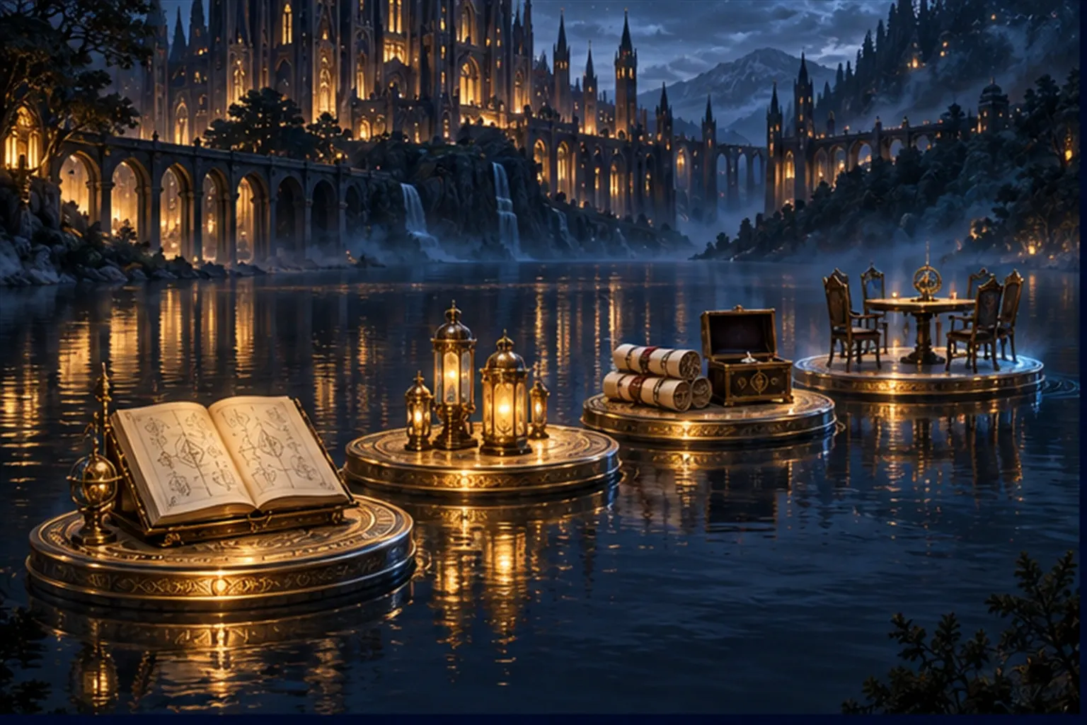 Four round brass platforms crossing a dark lake, each with a different object, the last one just starting to glow.
