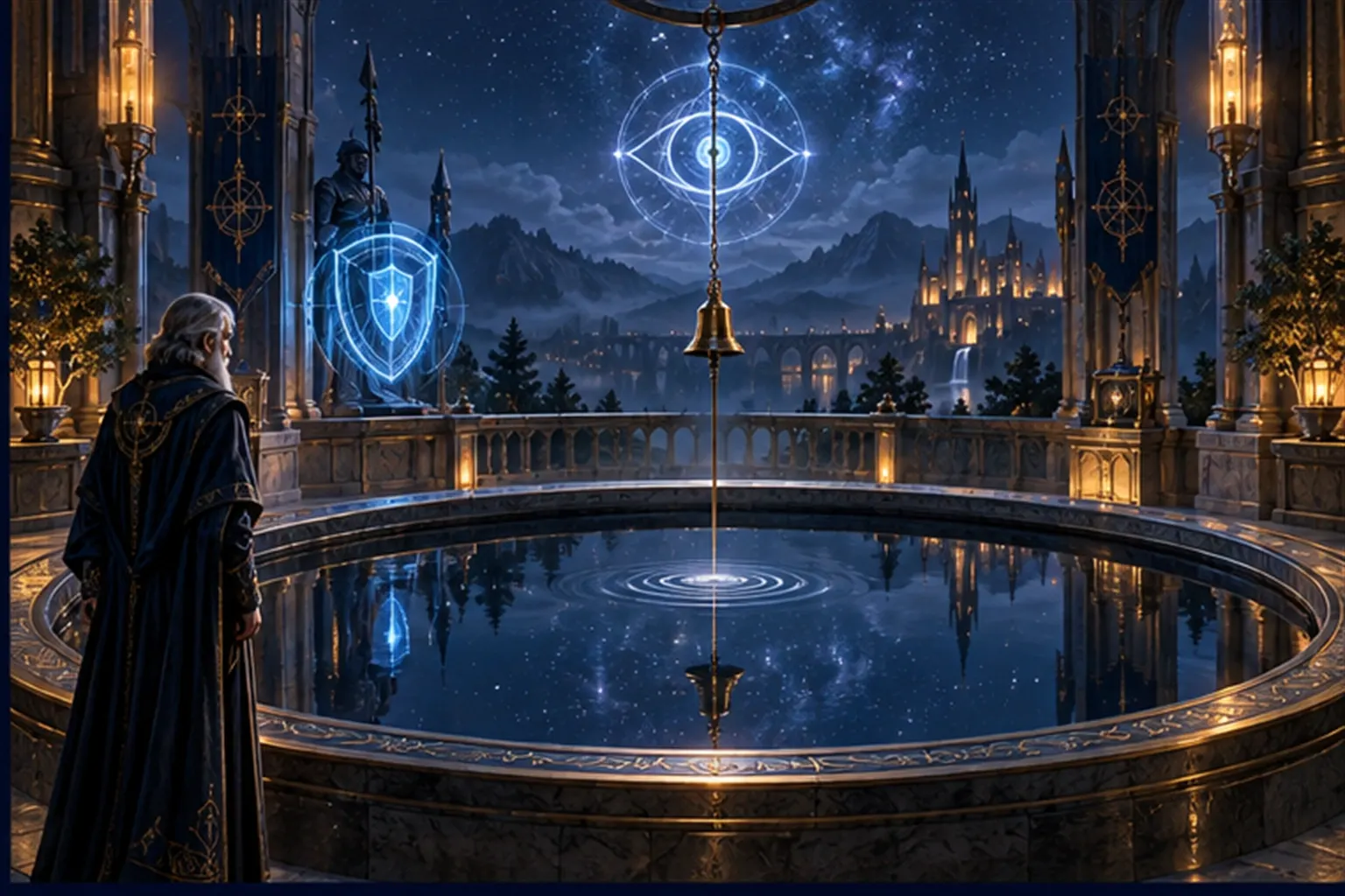 A Wizard watches a ripple fade in a still stone basin on a night terrace, with a shield sigil and an eye sigil above.