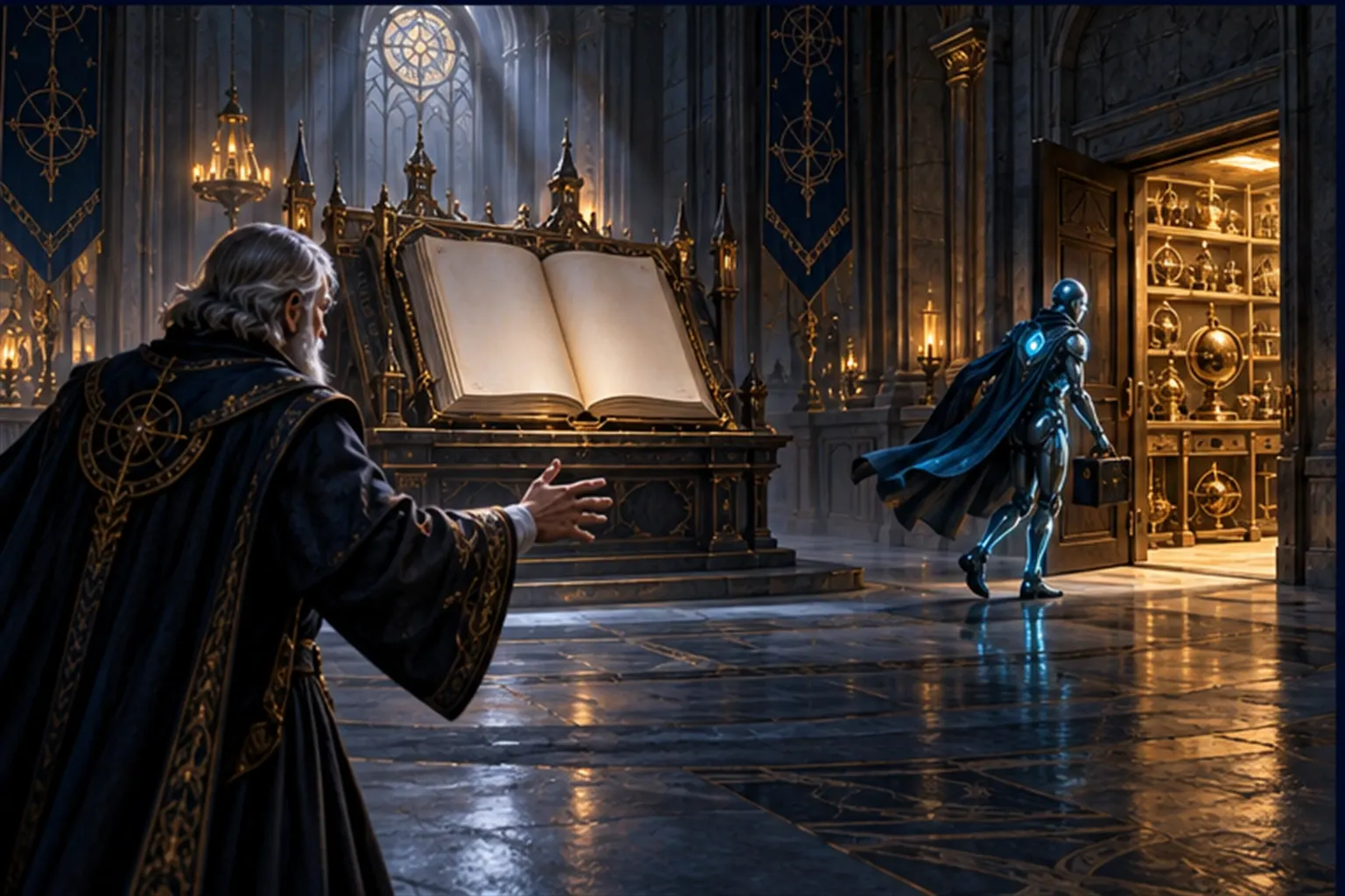 A cyan agent hurries past a dim rulebook on a lectern toward an unguarded door while a Wizard gestures at the book.