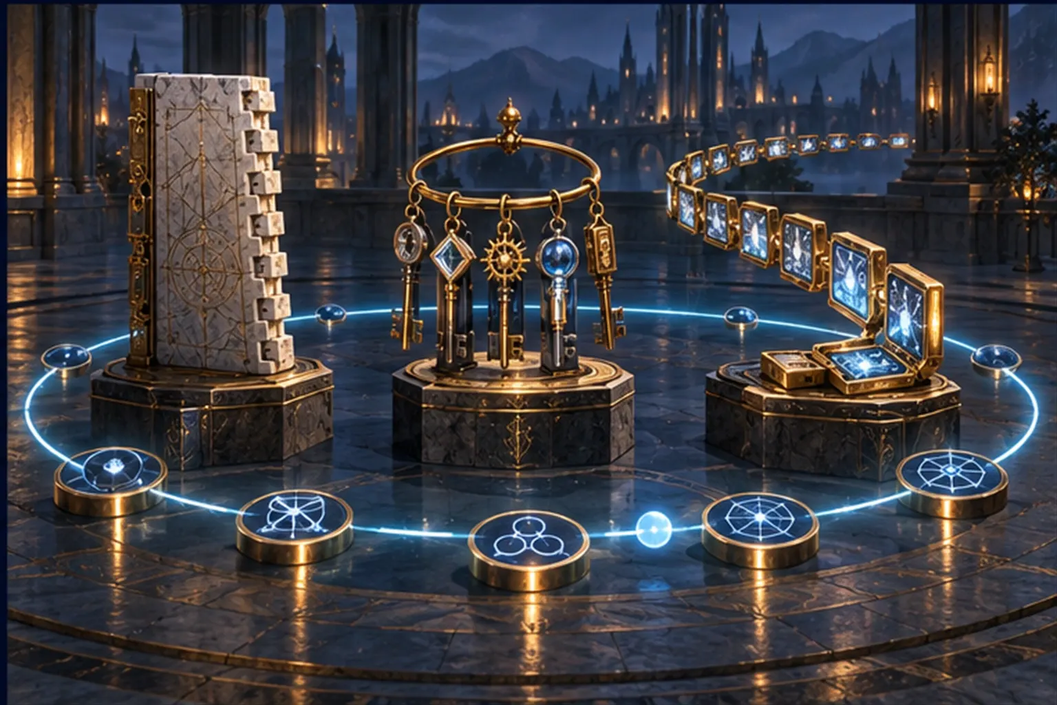 Three plinths hold a toothed rule tablet, a hoop of keys and a coiling chain of linked cartouches inside a thin loop.