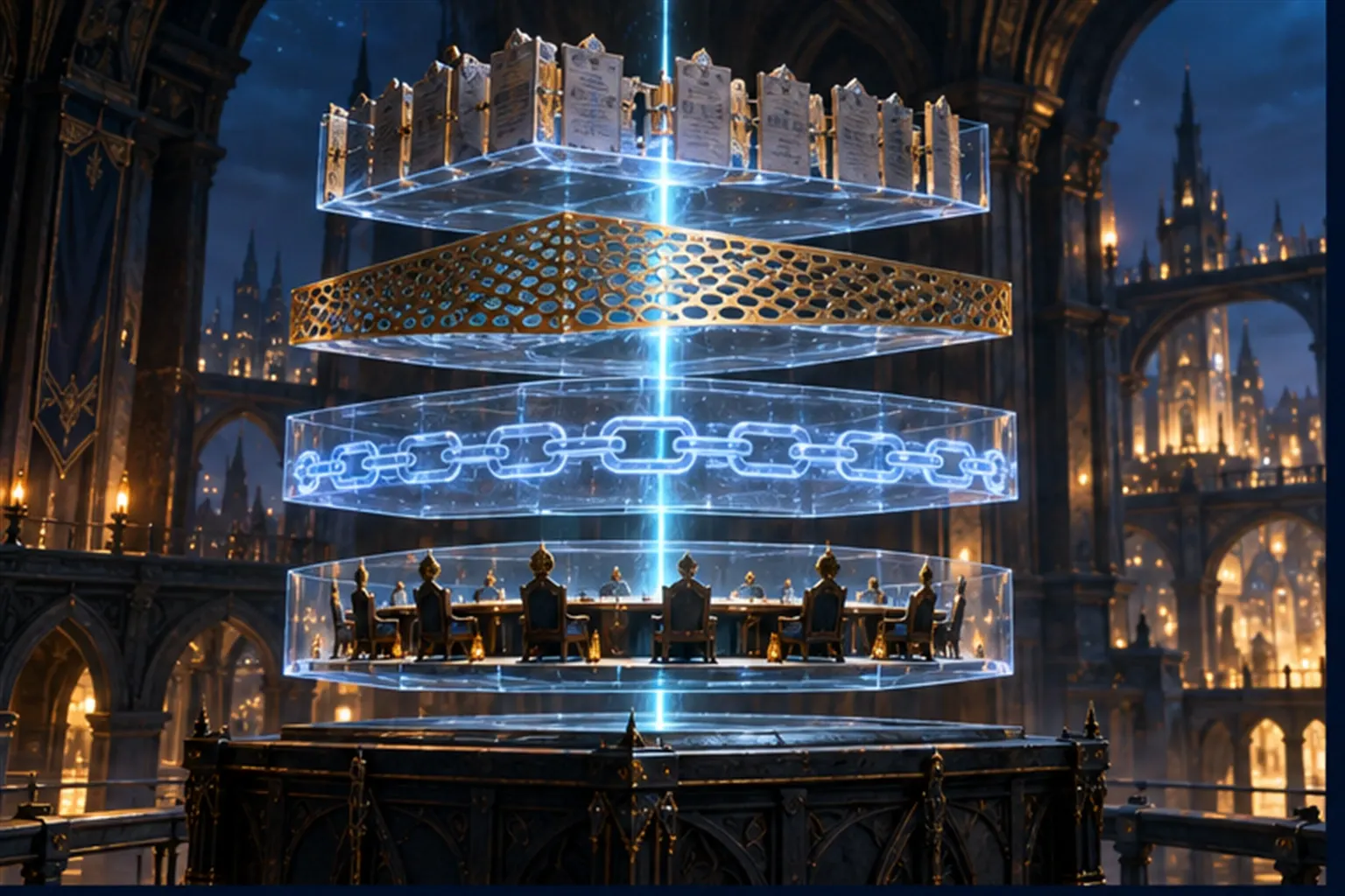 Four stacked slabs: rule tablets, a perforated brass wall, a chain of record links and a council ring, joined by a cyan line.